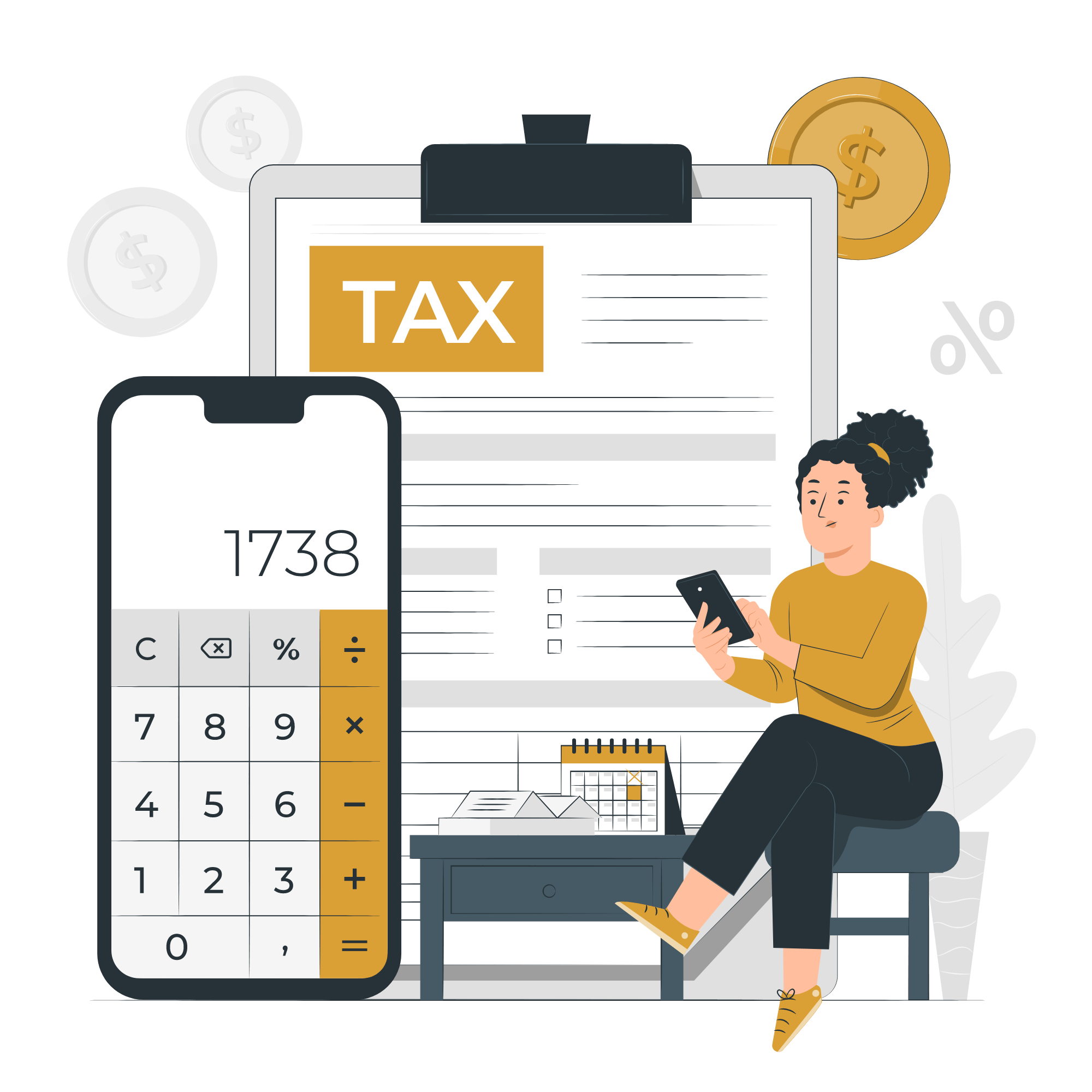 cartoon of woman looking at taxes and a calculator